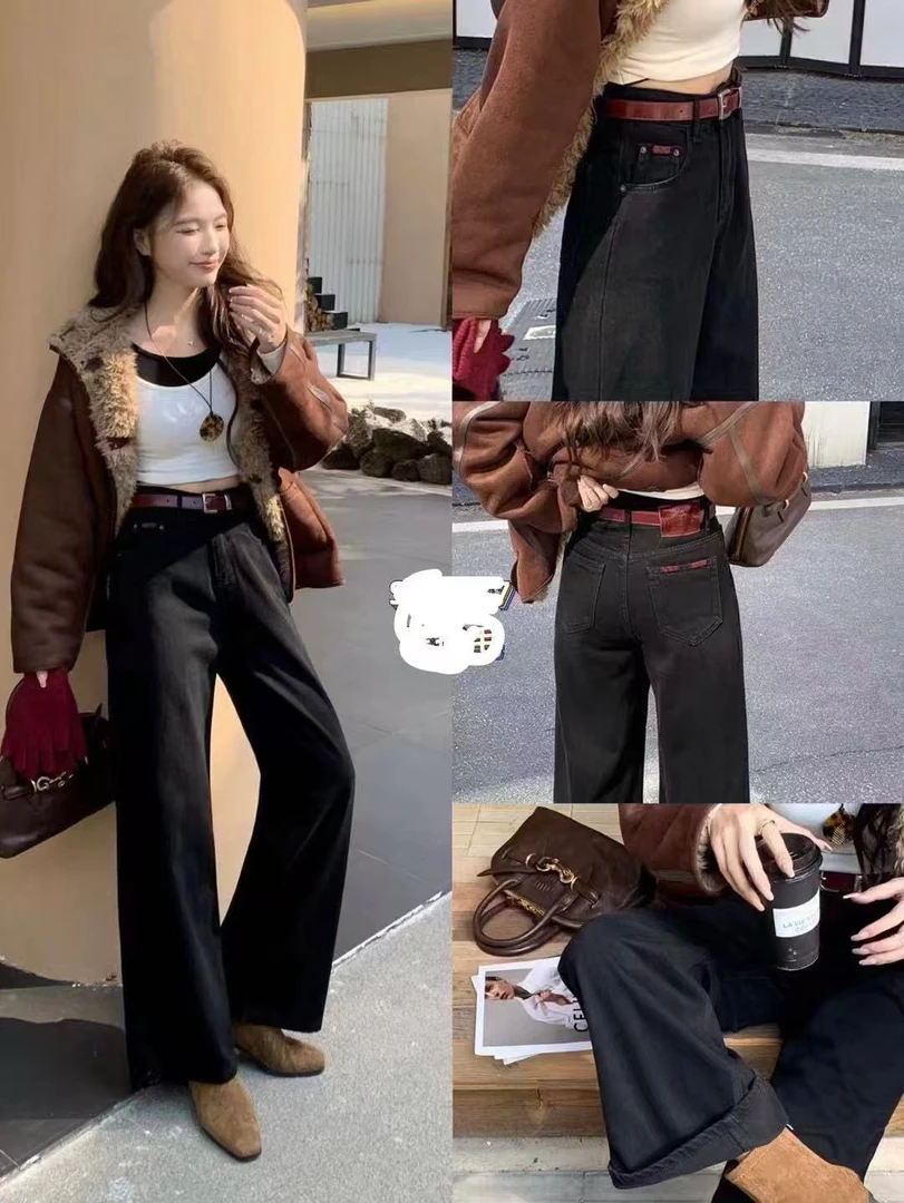 薇莎6176【现货】裤长101红标黑色加绒阔腿牛仔裤