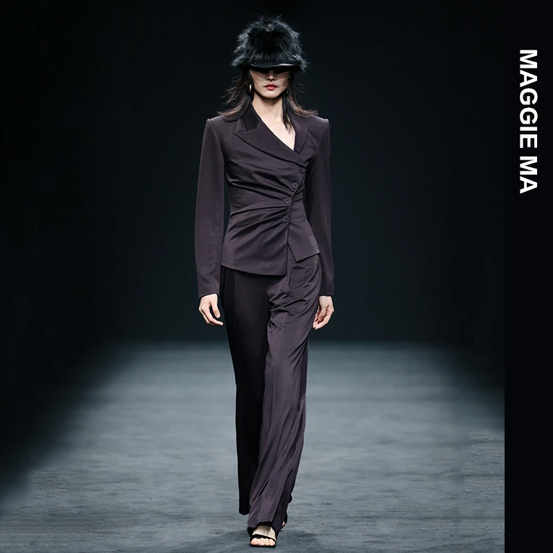 MAGGIE MA马婧设计师款紫色斜襟尊贵高雅修身西装裤子112S/113P