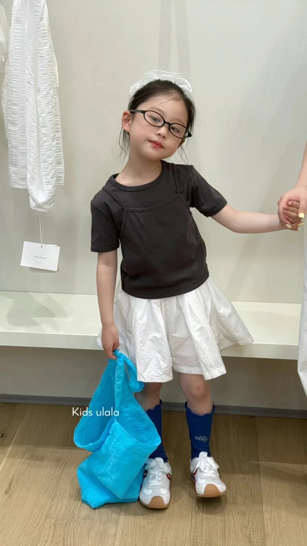 夏季纯色女韩版常规休闲风套装泡泡袖休闲洋气小童短裙裙子