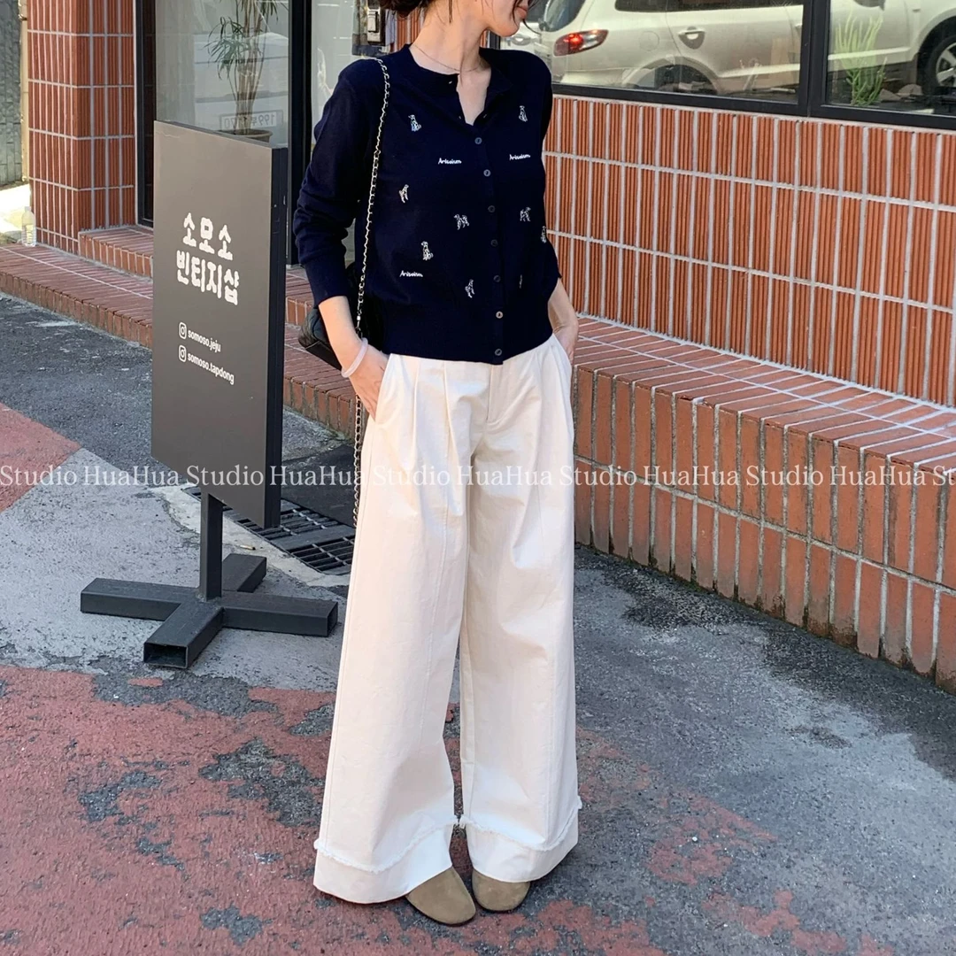 【花花】博主调性~100%棉韩版高腰宽松显瘦卷毛边阔腿裤