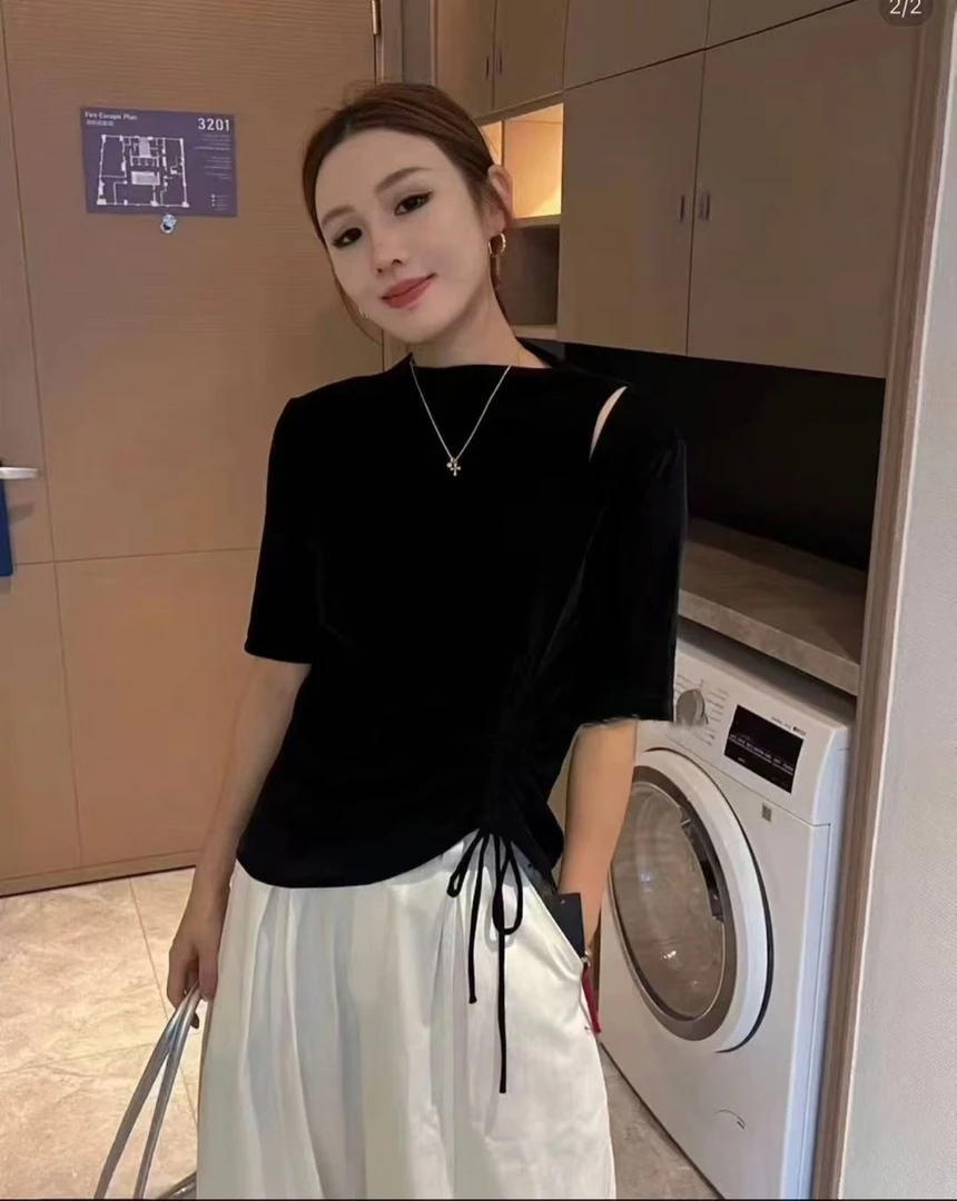 妮子严选新款复古港风五分袖褶皱短款百搭T恤82593