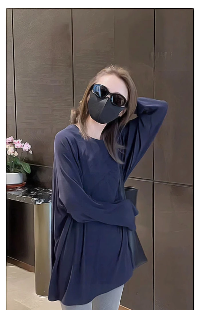 网红洋气炸街女装慵懒纯色圆领百搭长袖T恤2025早秋宽松显瘦上衣