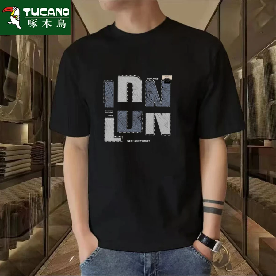 啄木鸟纯棉重磅男士T恤潮牌夏季圆领短袖新款纯棉宽松百搭上衣潮