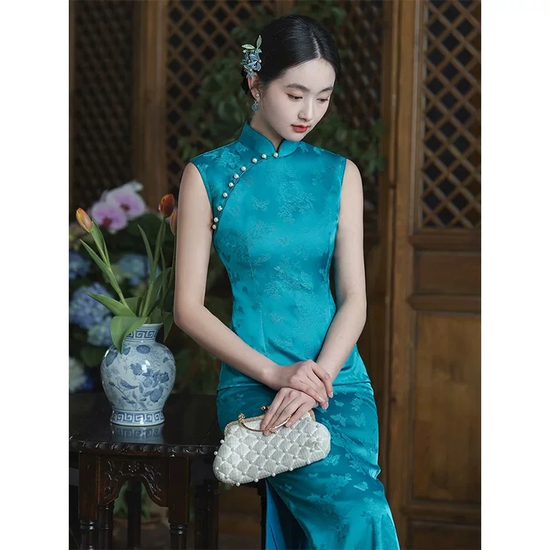 SYH【回眸】复古旗袍蓝色新中式新款显白显瘦连衣裙夏季无袖旗袍