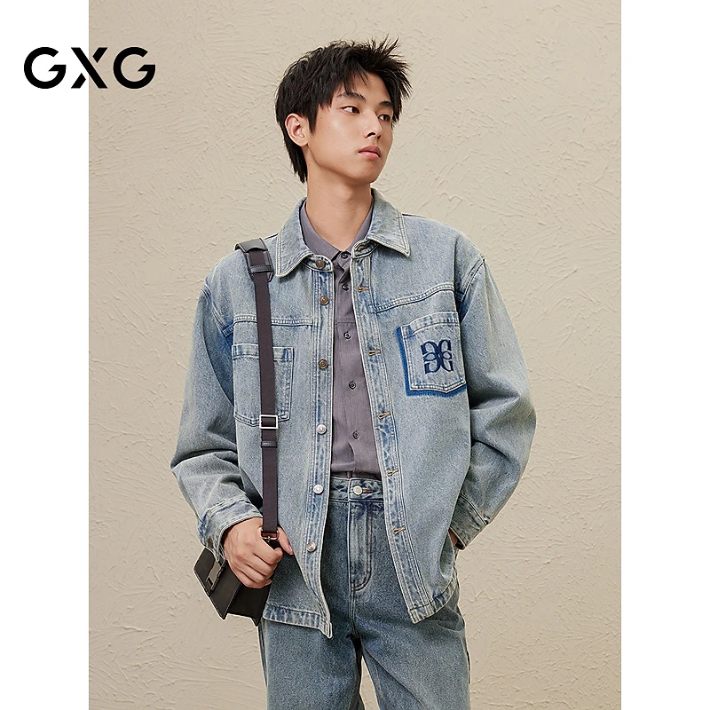 GXG男装 欧若风复古做旧刺绣牛仔夹克衬衫式外套#G24DE83018