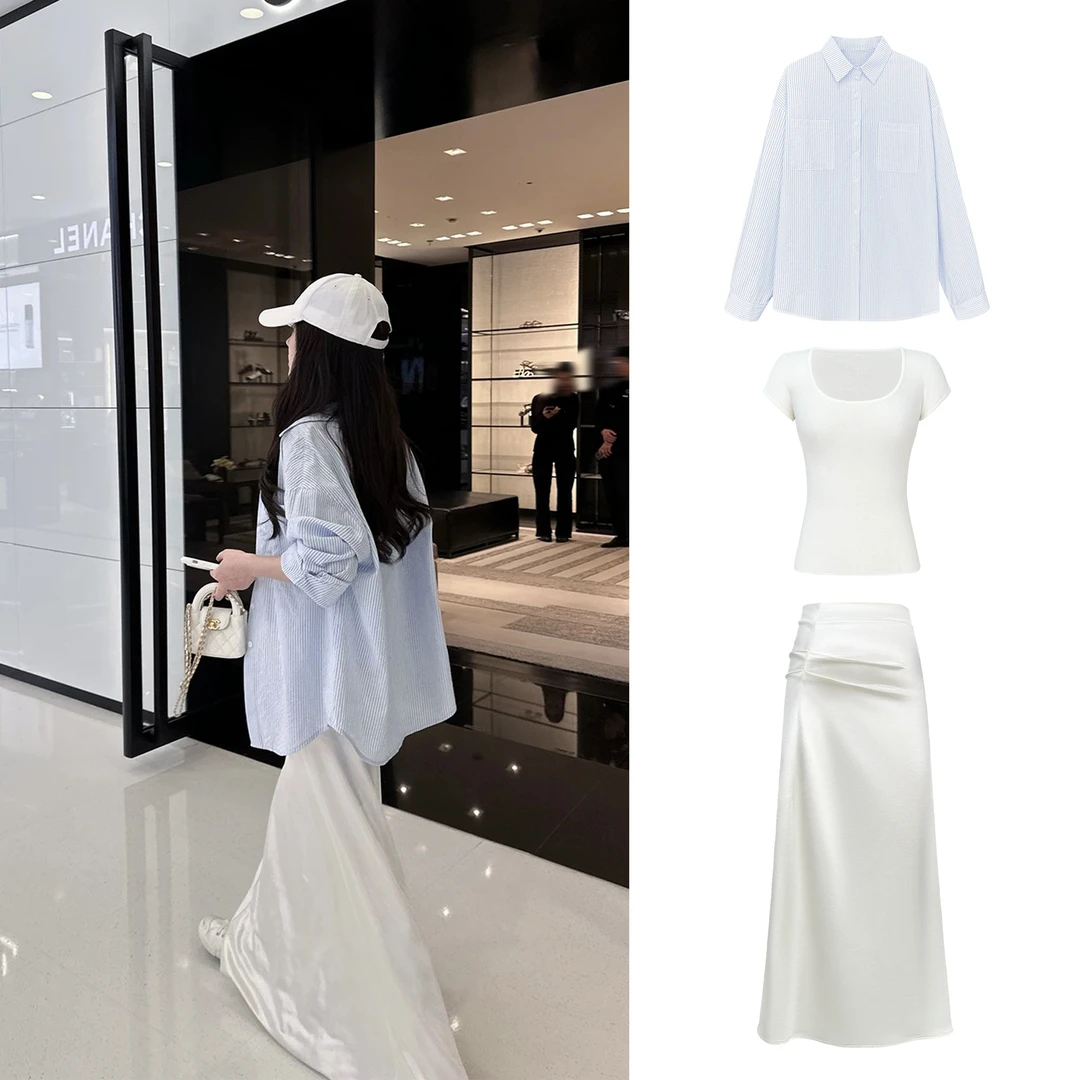 u领两色上衣+轻松ins感冰蓝条纹衬衫+水鎏褶皱缎面裙三件套C 8774