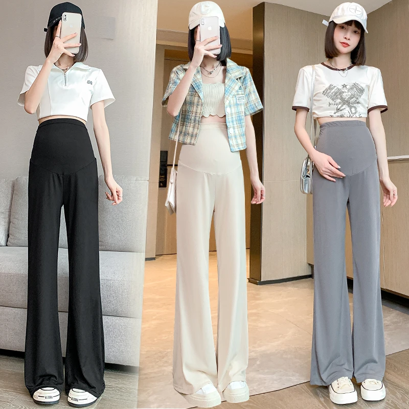 孕妇裤夏款冰丝清凉喇叭裤高腰垂感显瘦直筒外穿宽松孕妇托腹裤