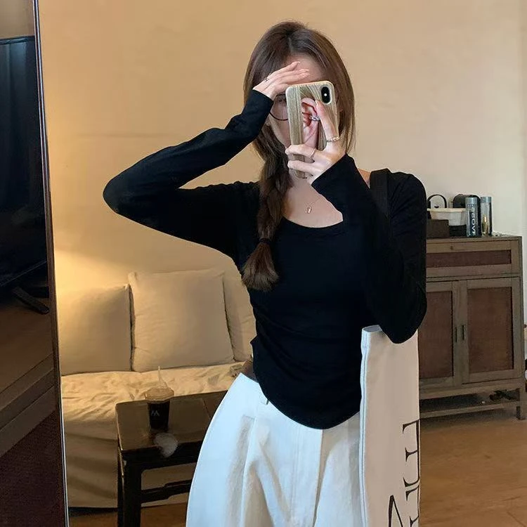 T005螺纹U型领长袖T恤女收腰褶皱上衣秋冬修身打底衫