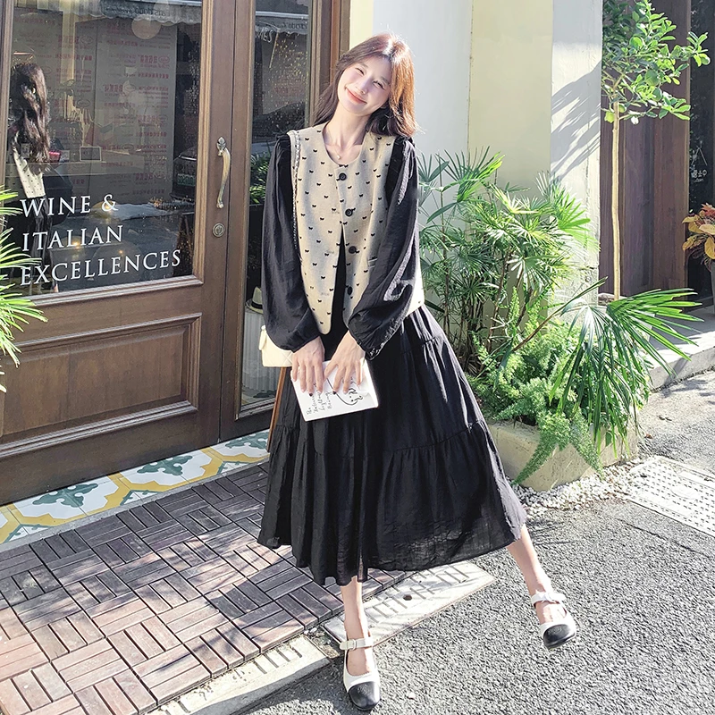 黑色温柔风减龄连衣裙套装女2025春季新款蝴蝶结印花小马甲两件套