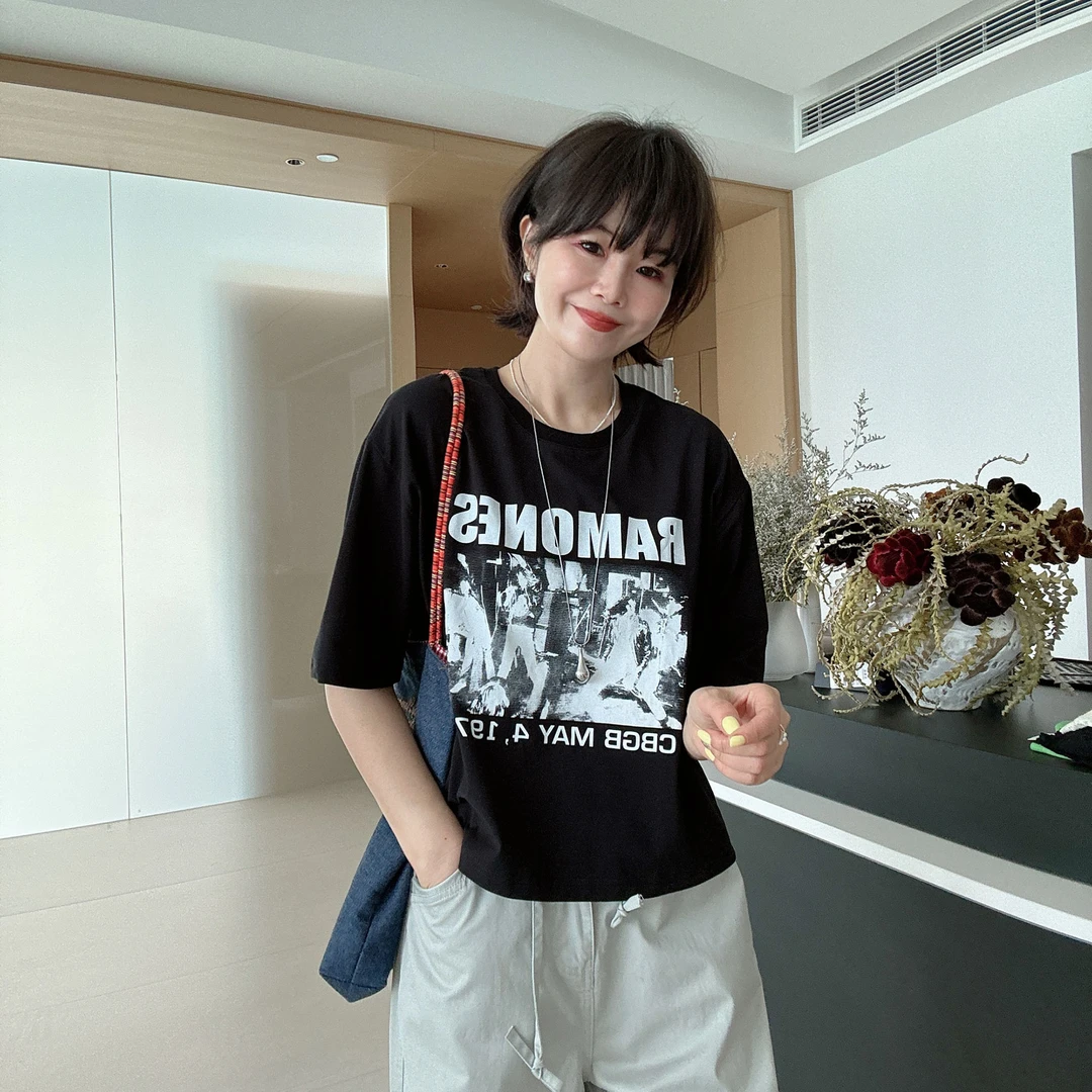 夏季设计感复古美式字母印花百搭显瘦短袖T恤