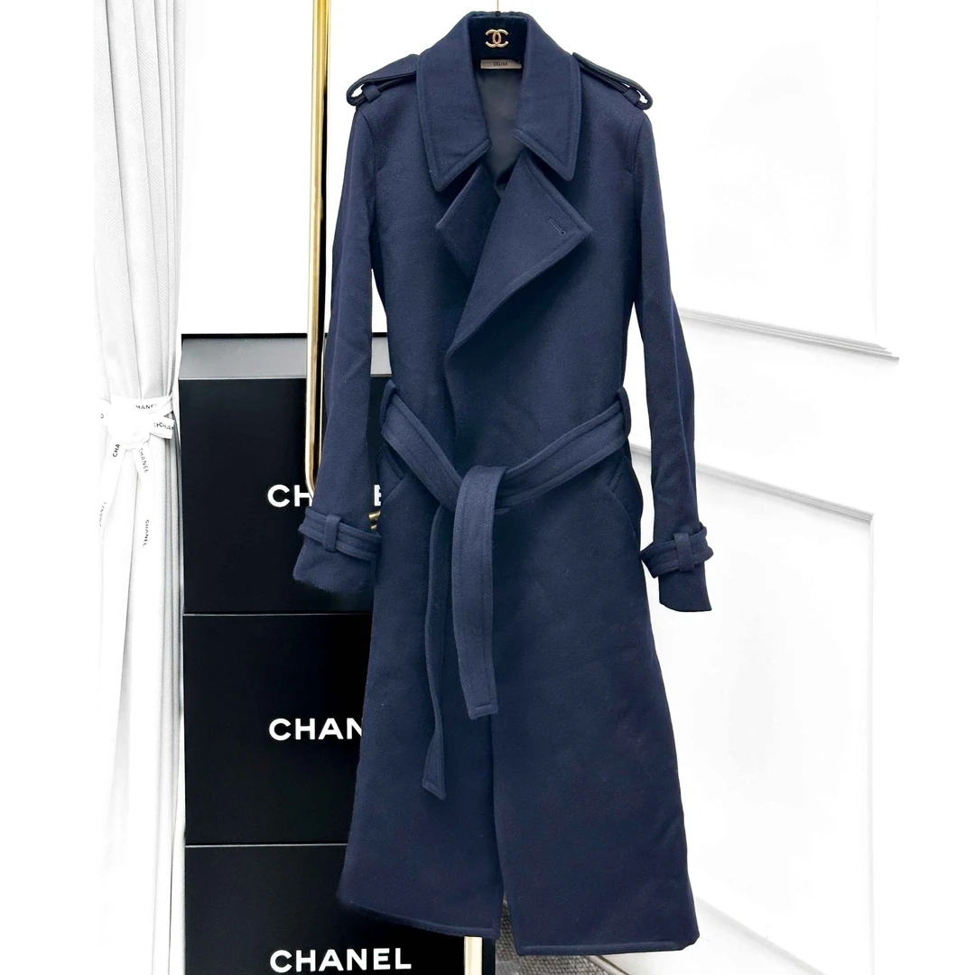 99新 Celine/思琳 34码 藏蓝色羊毛长款 大衣外套