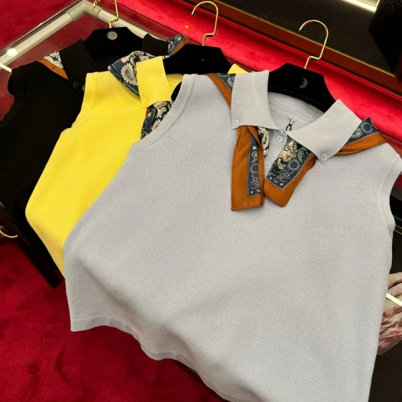 时尚百搭夏季休闲气质海军领针织无袖设计感带丝巾女装针织#6397