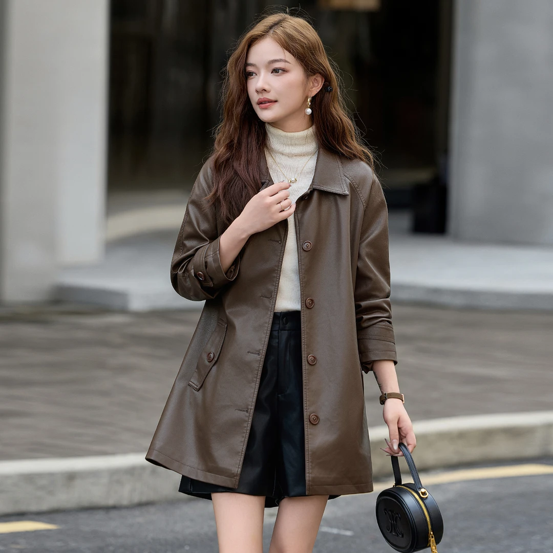 高档高级皮风衣皮衣外套女款爆款2025新款秋装中长款洋气皮褂子