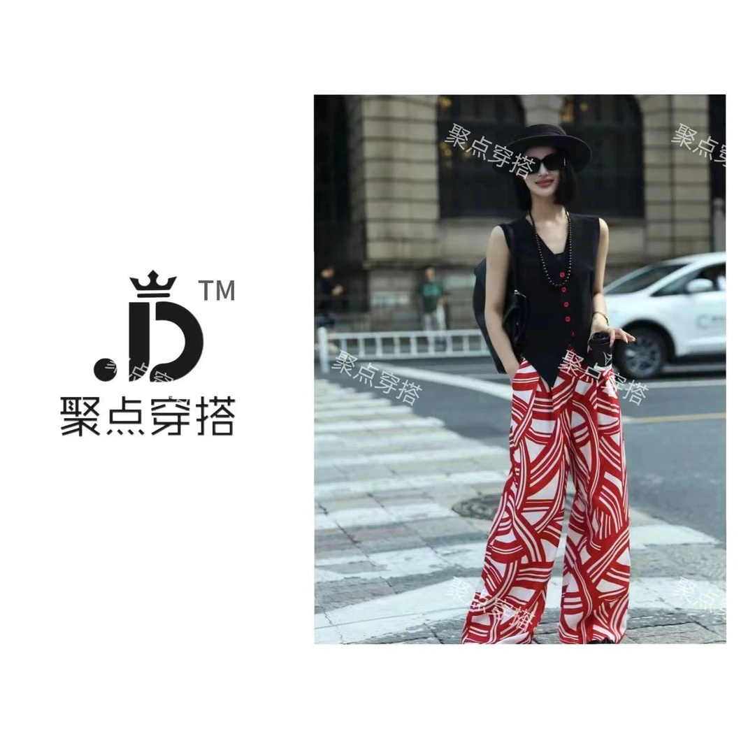 JUDIAN -【红色假期】高级感西装马甲上衣＋印花阔腿裤气质两件套