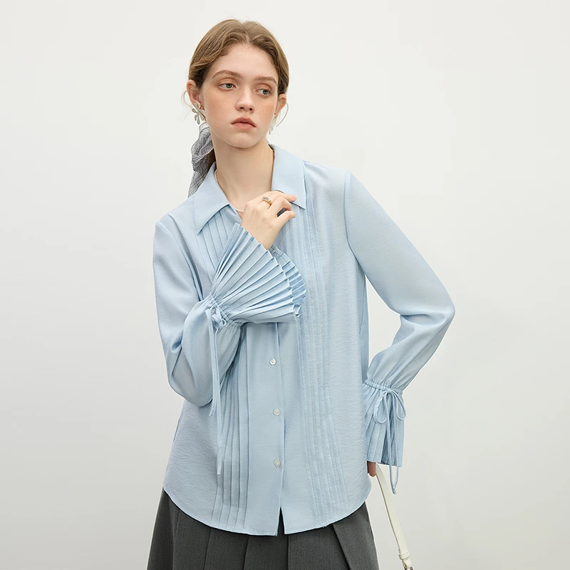 范思蓝恩南法千金法式设计感衬衫春装韩版琴褶V领衬衣25FS11150