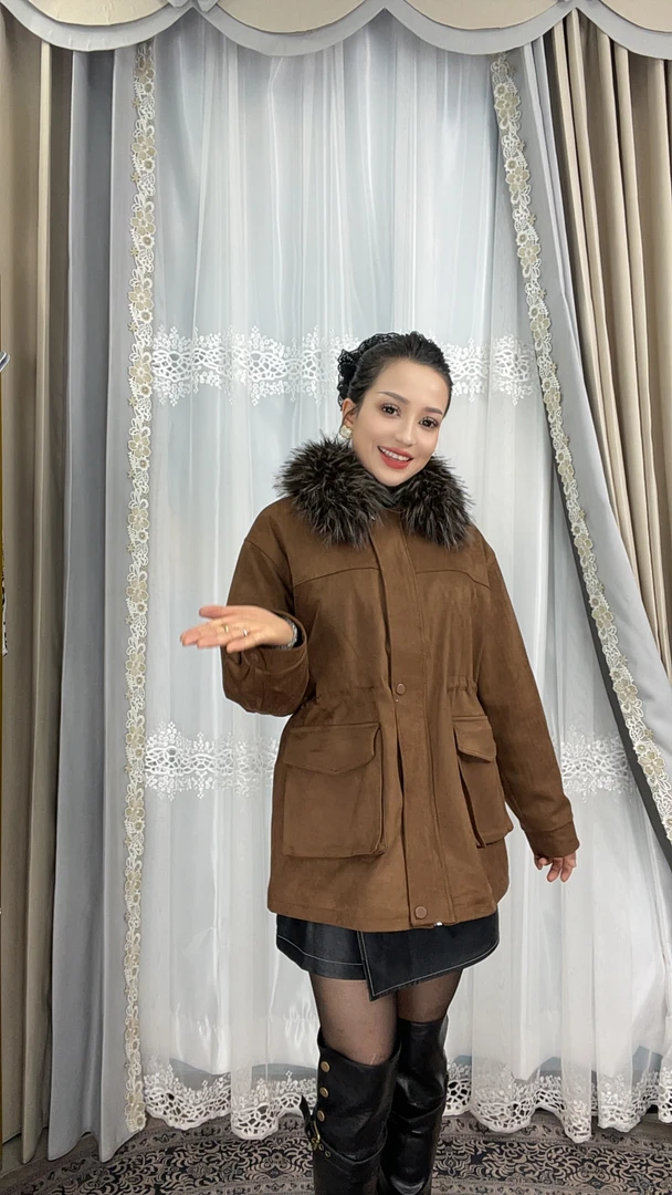 【纪朵研】Y082大毛领短款外套女2025冬季新款派克服年轻款爆款外套