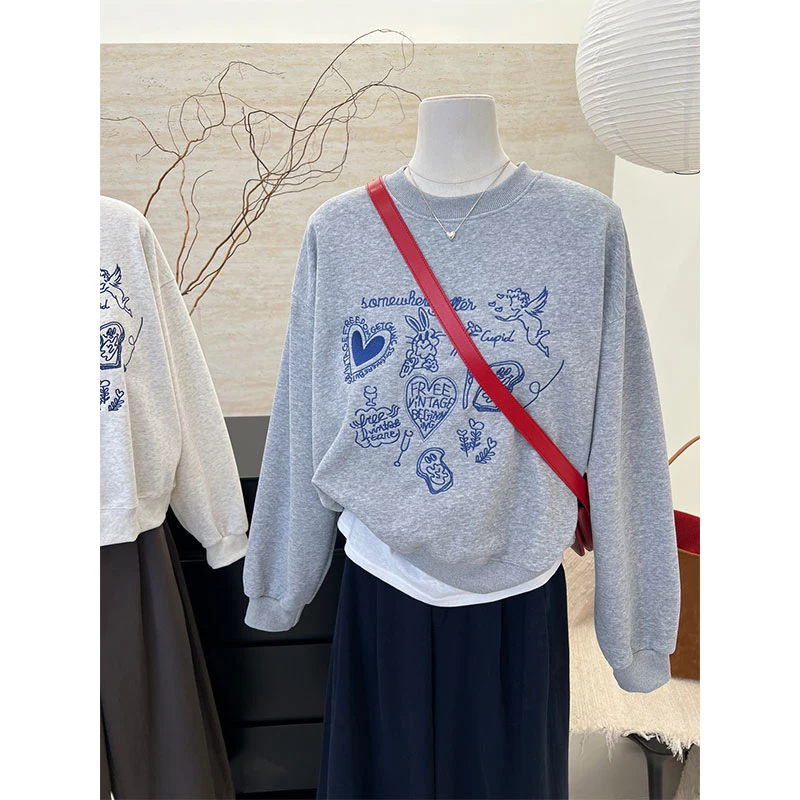 涂鸦爱心秋冬新款圆领卫衣外套女复古宽松200斤胖mm大码时尚