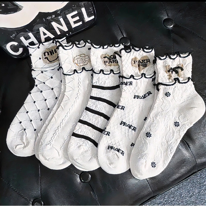 【十双装】女士双层木耳花边春秋薄款浮雕学院风百搭潮流透气中筒袜