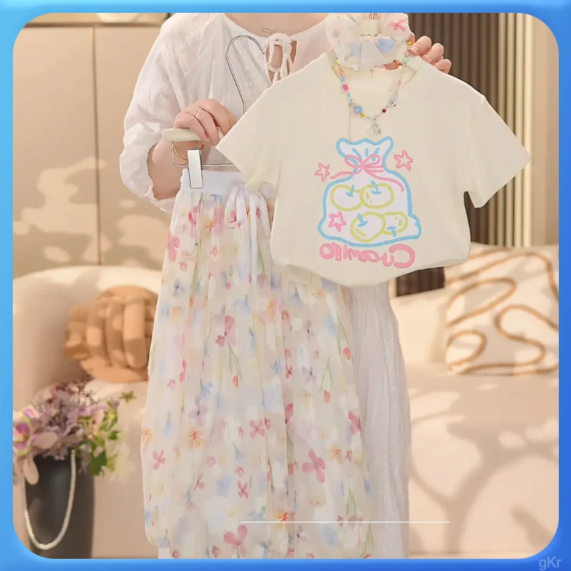 女童夏季套装25新款儿童短袖T恤洋气时髦花苞裙半身裤裙两件套潮