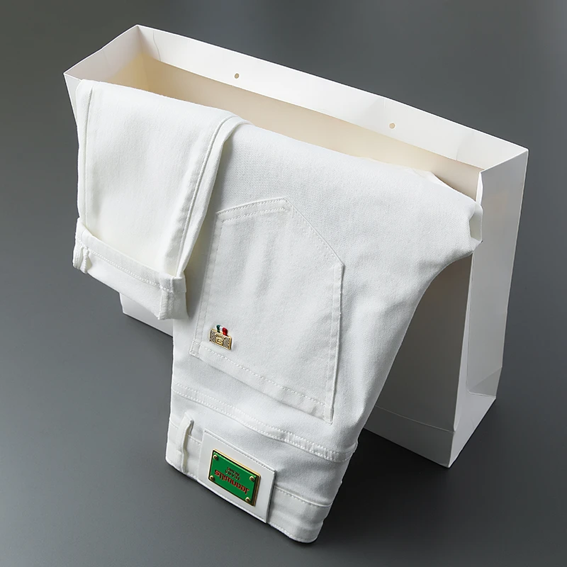 春夏季轻奢牛仔裤男白色三防潮流男士高端弹力休闲百搭直筒长裤子