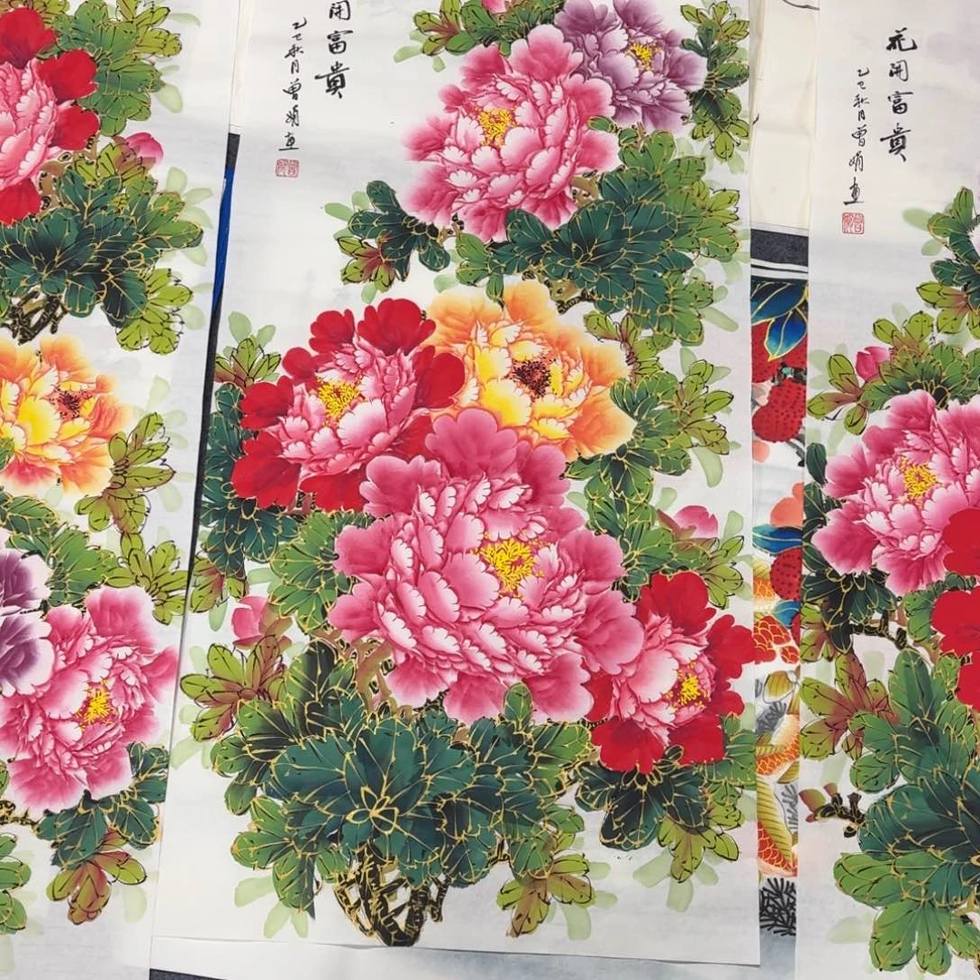 励***行国画100×50千层金线牡丹手绘画画