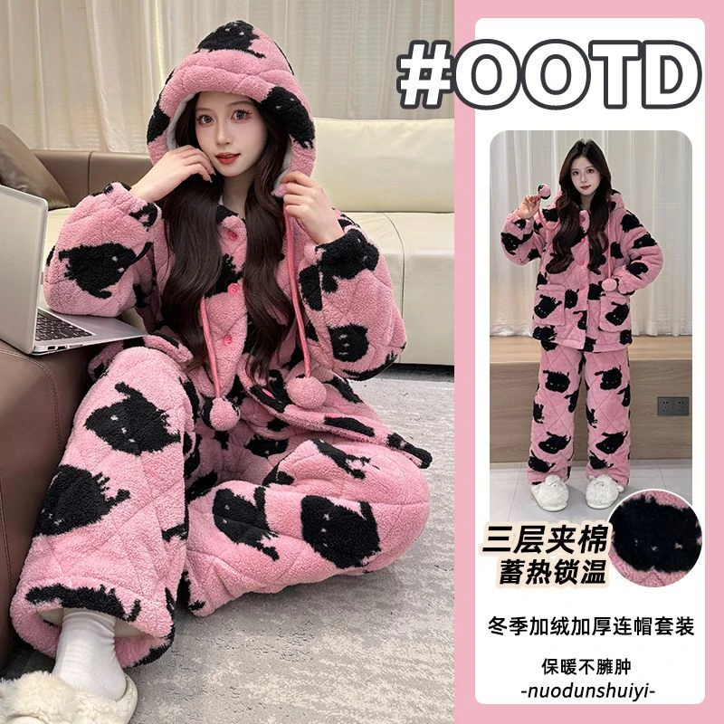 2025冬季珊瑚绒三层夹棉加绒加厚半边绒睡衣女保暖连帽家居服外穿