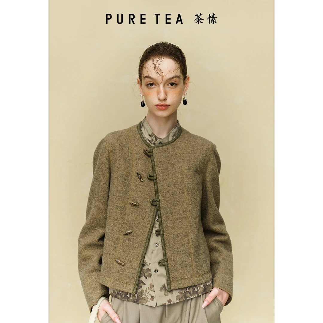 【商场同款】茶愫新中式毛呢短外套女编织带包边秋新TH2101C31