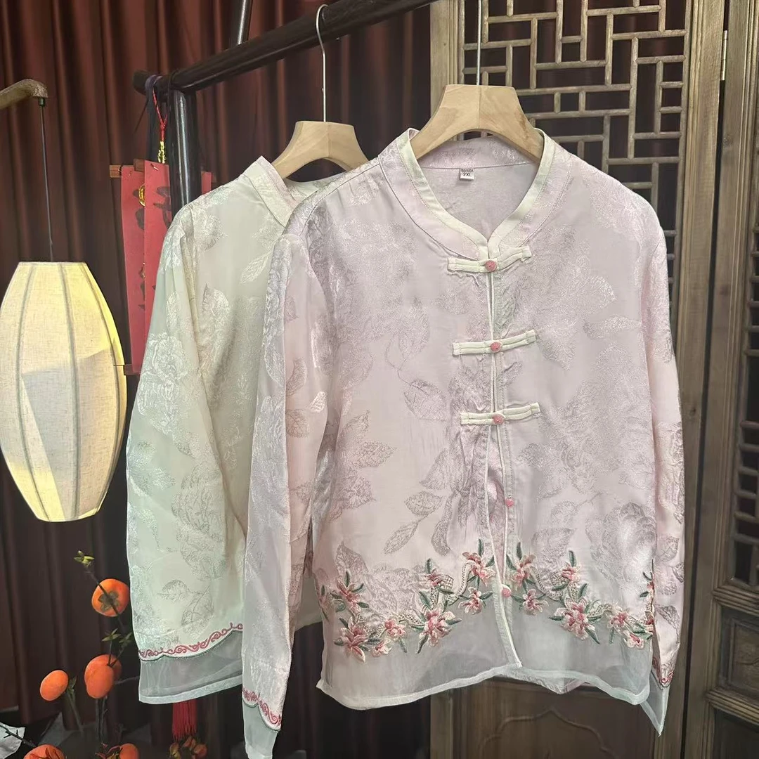 春季复古文艺国风刺绣提花上衣