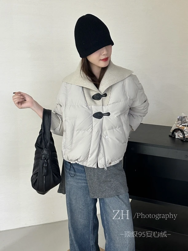 ZH拉链厚款短款羽绒服菱格时尚设计感拼接百搭小香风冬季小个子