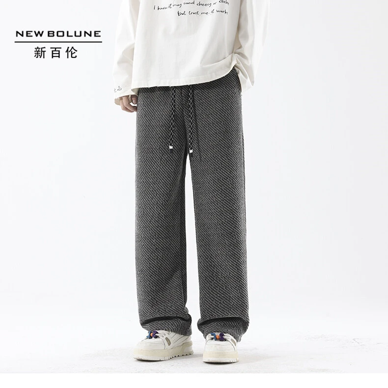 新百伦情侣款裤子时尚斜条纹银丝休闲裤男士垂感宽松抽绳百搭卫裤