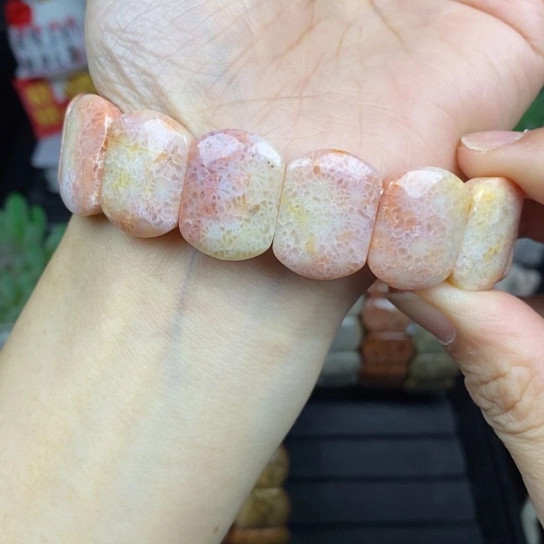 硅化玉未镶嵌手链粉蕾丝爆闪11