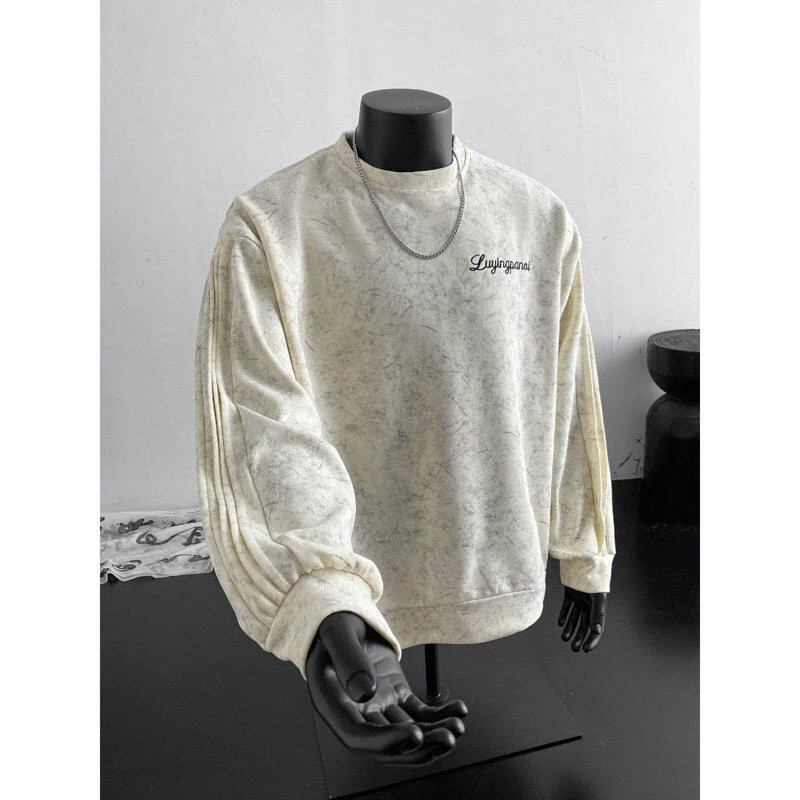 脏脏扎染刺绣褶皱圆领卫衣男新款美式高街重磅痞帅宽松休闲外套潮