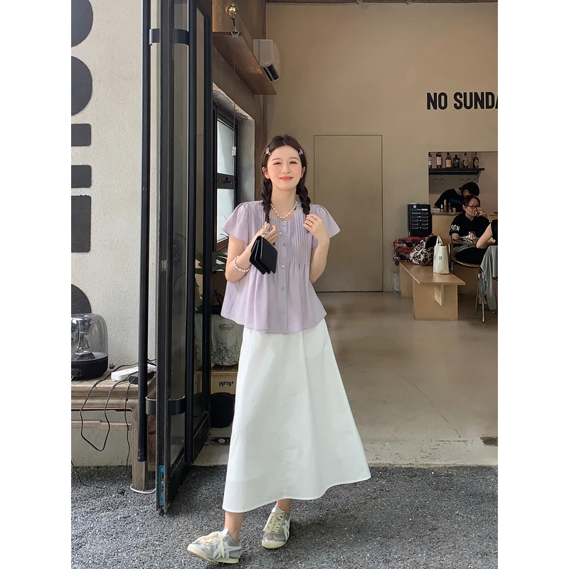 杨杨YANGRUOYU紫色圆领衬衫新款夏气质薄款高档别致小飞袖上衣女