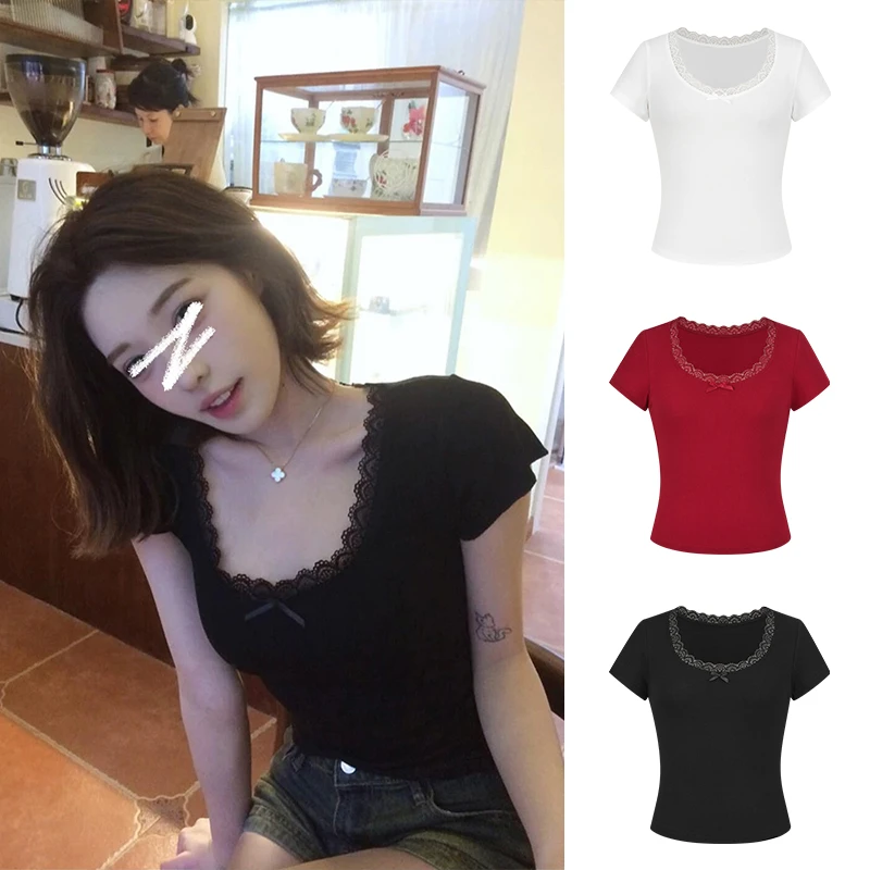 Moses Queen/魔西女王纯欲蝴蝶结蕾丝花边短袖T恤低领露锁骨上衣