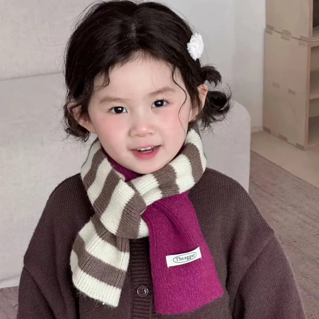 秋冬新款儿童帽子手套两件套韩系条纹撞色凹造型百搭宝宝保暖围脖