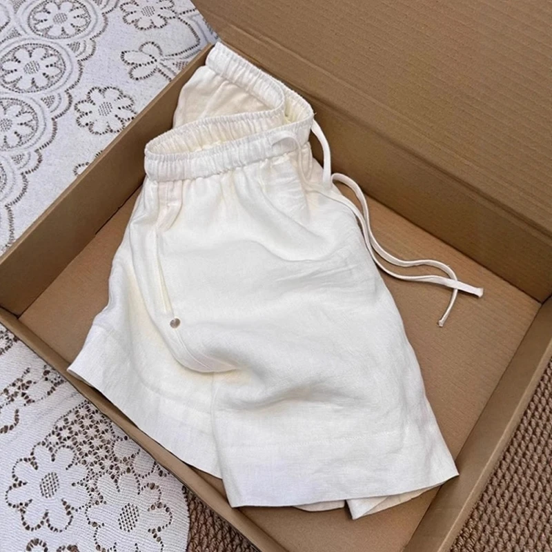 气质白色亚麻短裤女夏季外穿显高a字五分阔腿裤高腰显瘦休闲裤子