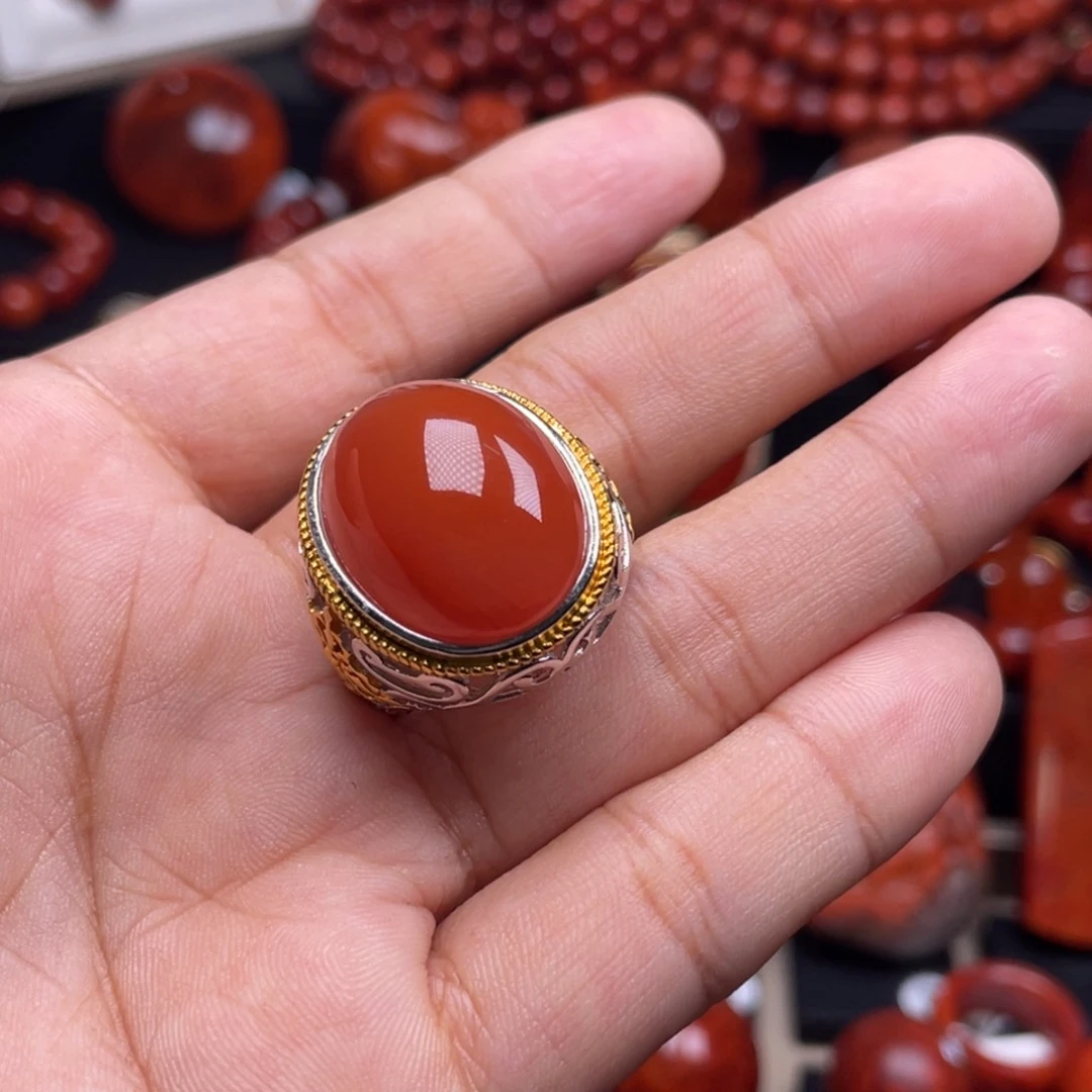 南红玛瑙珠宝奇石银S925镶嵌戒指