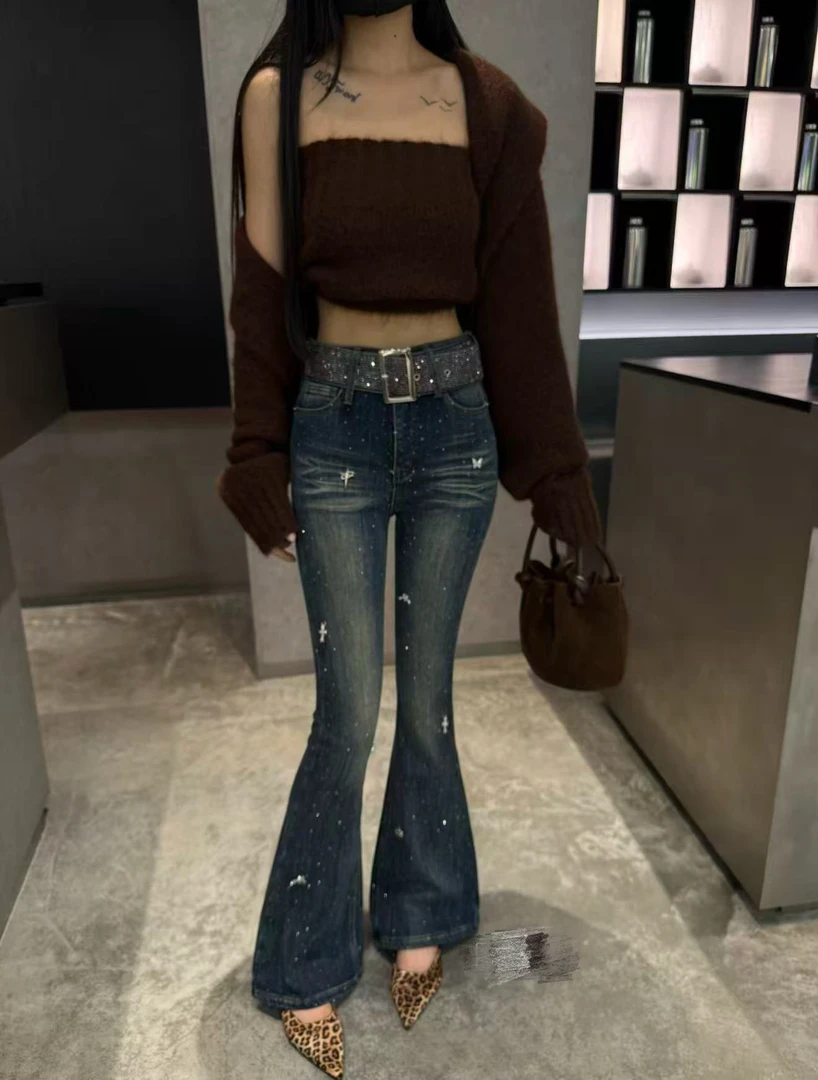 高定满钻微喇牛仔裤