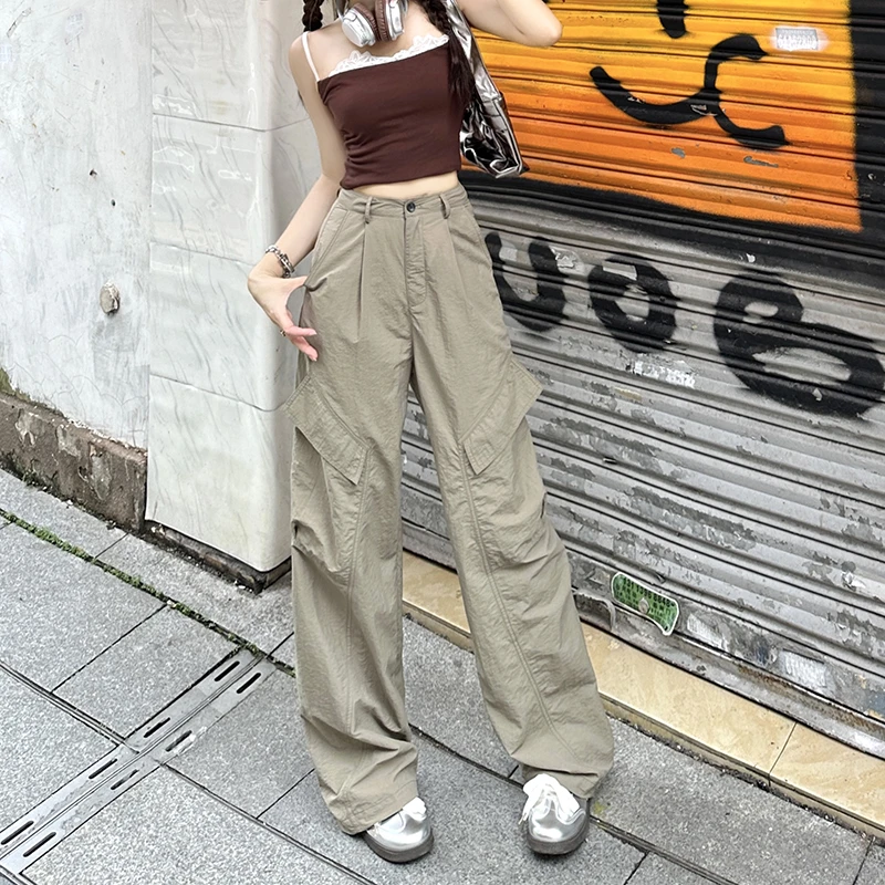 美式工装阔腿裤女2025夏季薄款小个子高腰显瘦直筒拖地速干休闲裤