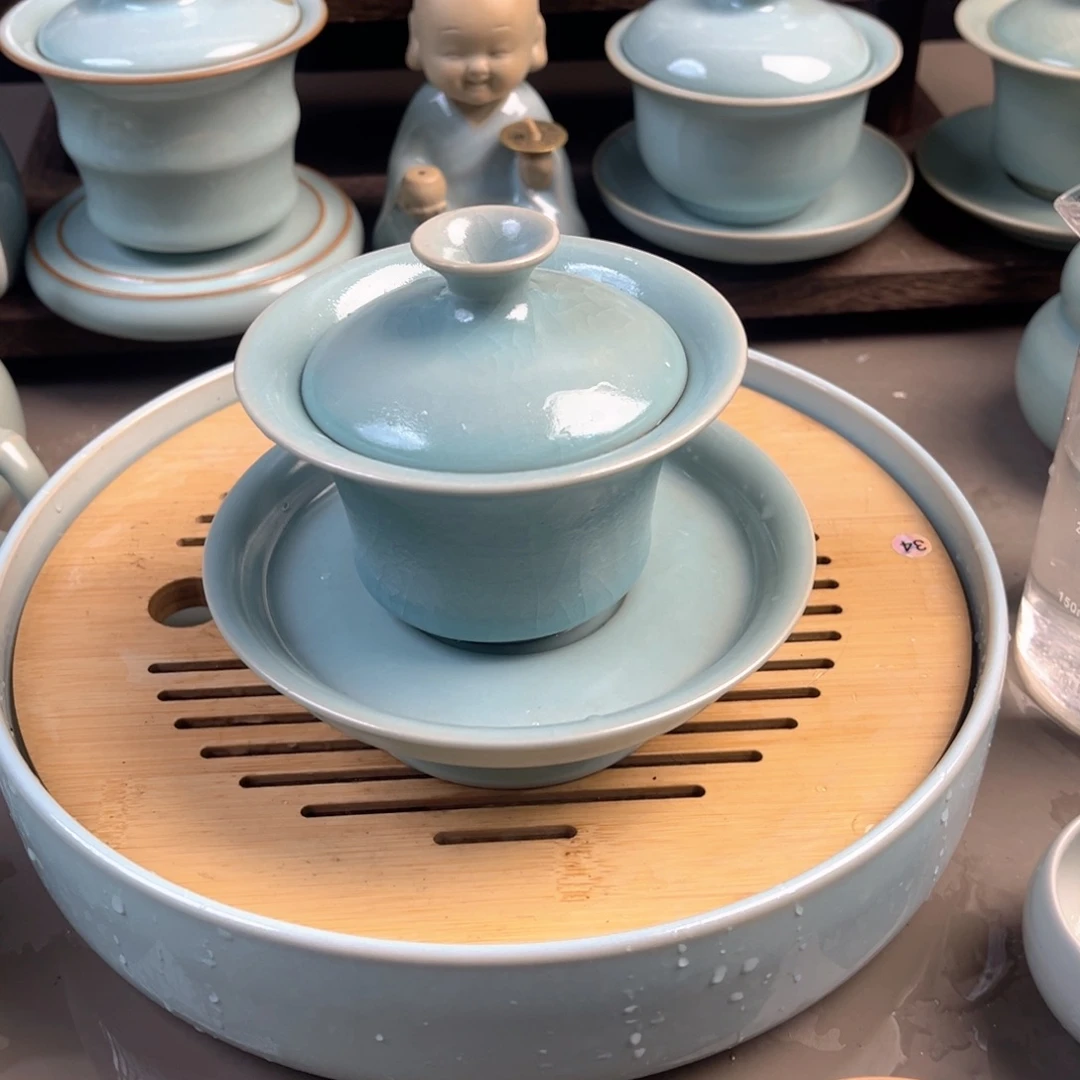 摆件陶瓷仿古釉马蹄盖碗手工