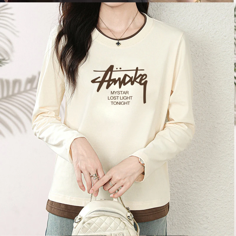 2024年秋季新款假两件印花圆领潮流T恤百搭设计感长袖T恤insT505