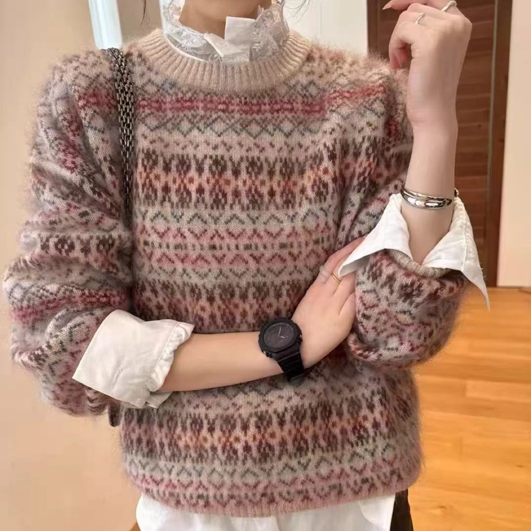 复古提花毛衣女宽松慵懒风针织衫上衣澳毛拉绒感7279
