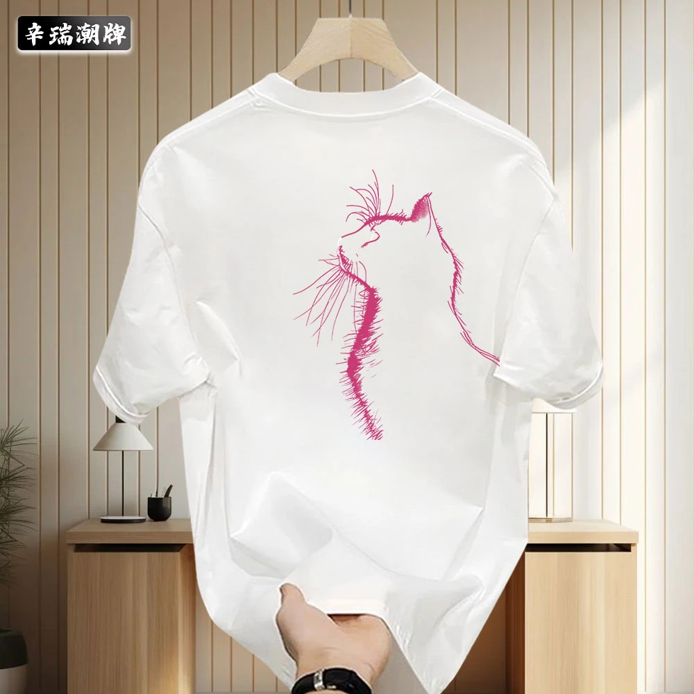 2025夏季新款宽松高级设计感猫咪印花男女情侣款百搭纯棉圆领短袖