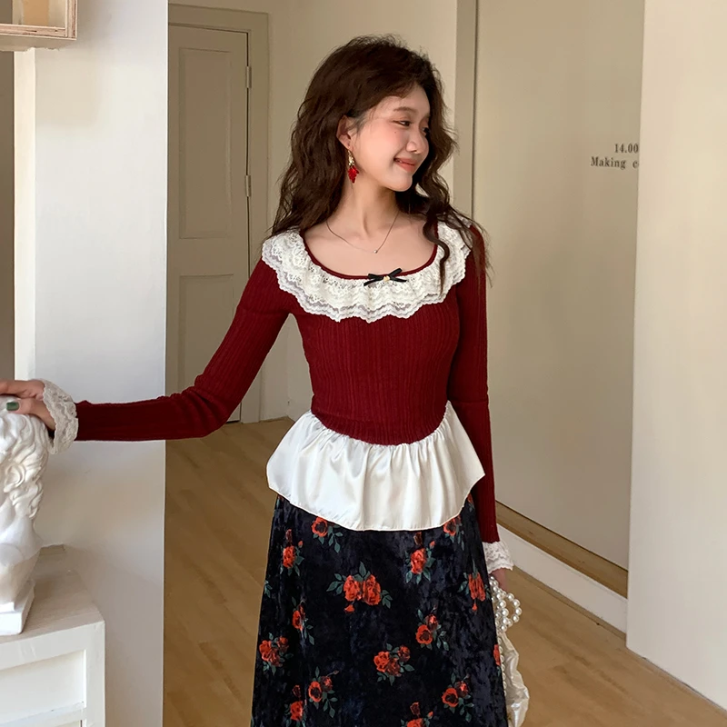 【小呆鸟专享】 CROWCAIM 蕾丝领荷叶边针织衫 CC25004