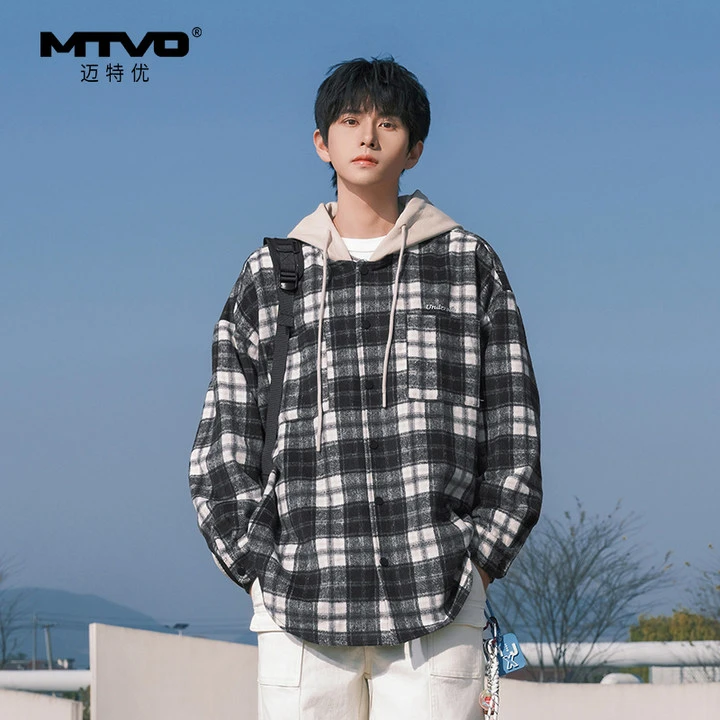 MTVO迈特优春季新款连帽格子刺绣长袖衬衫男士宽松衬衣外套469