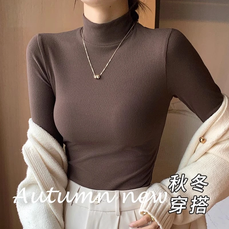 法式螺纹半高领打底衫女内搭秋冬洋气中领长袖上衣2024新款女款