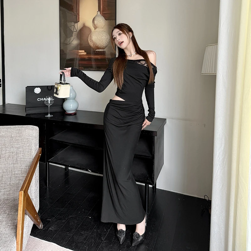 复古感设计师款不规则斜肩长裙女镂空性感名媛风连衣裙CF24382现