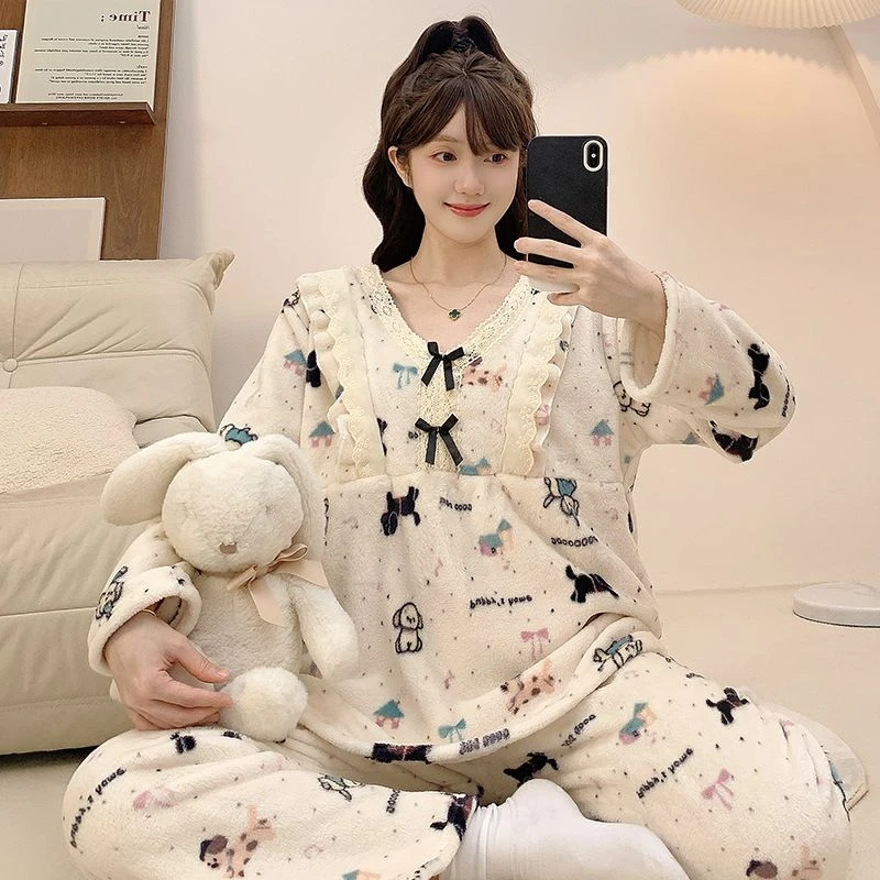 秋冬季法兰绒睡衣女加厚保暖睡衣女可爱甜美公主风珊瑚绒家居服