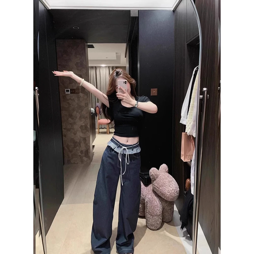 美式木耳边格子拼接高腰牛仔裤女2025夏季宽松显瘦小众阔腿长裤子