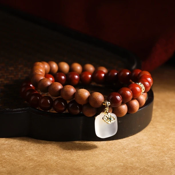（桃）双圈红檀木手链（带荔枝冻小锁）